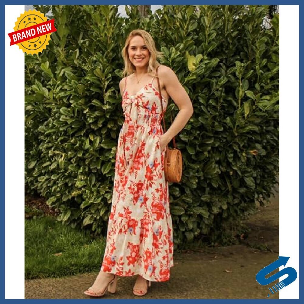 Summer Maxi Dress with Tie Front, Spaghetti Straps, Pockets, Flowy - Picture 6 of 8